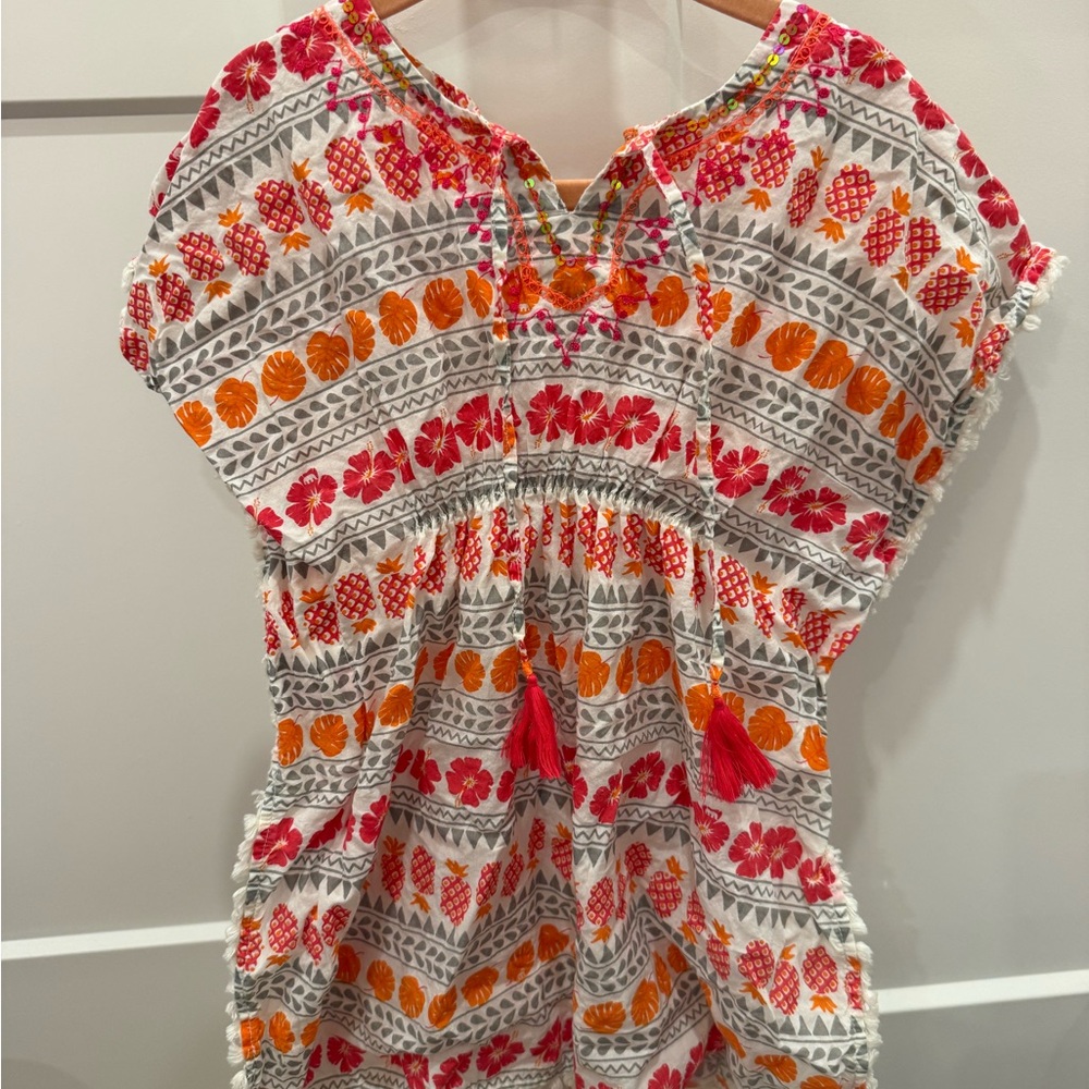 Embroidered White Women’s Peasant Top with Pink & Orange Floral Print